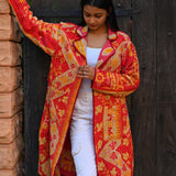 Ekaurr BIGDI Scarlet and Sun Coat cotton quilted reversible coat in a bold pairing of deep scarlet and warm sunny yellow, artisan slow fashion outerwear for women from the BIGDI Blazers Coats and Robes collection