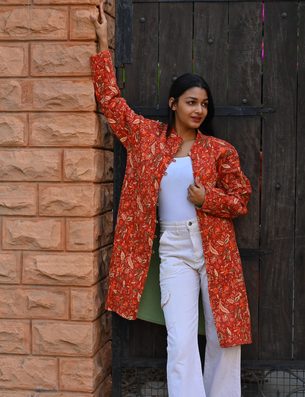 Ekaurr BIGDI Scarlet Garden Coat Long cotton quilted reversible long coat with a botanical garden motif in rich scarlet and green tones, artisan slow fashion statement outerwear for women from the BIGDI Blazers Coats and Robes collection