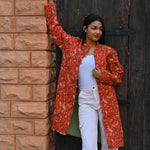 Ekaurr BIGDI Scarlet Garden Coat Long cotton quilted reversible long coat with a botanical garden motif in rich scarlet and green tones, artisan slow fashion statement outerwear for women from the BIGDI Blazers Coats and Robes collection