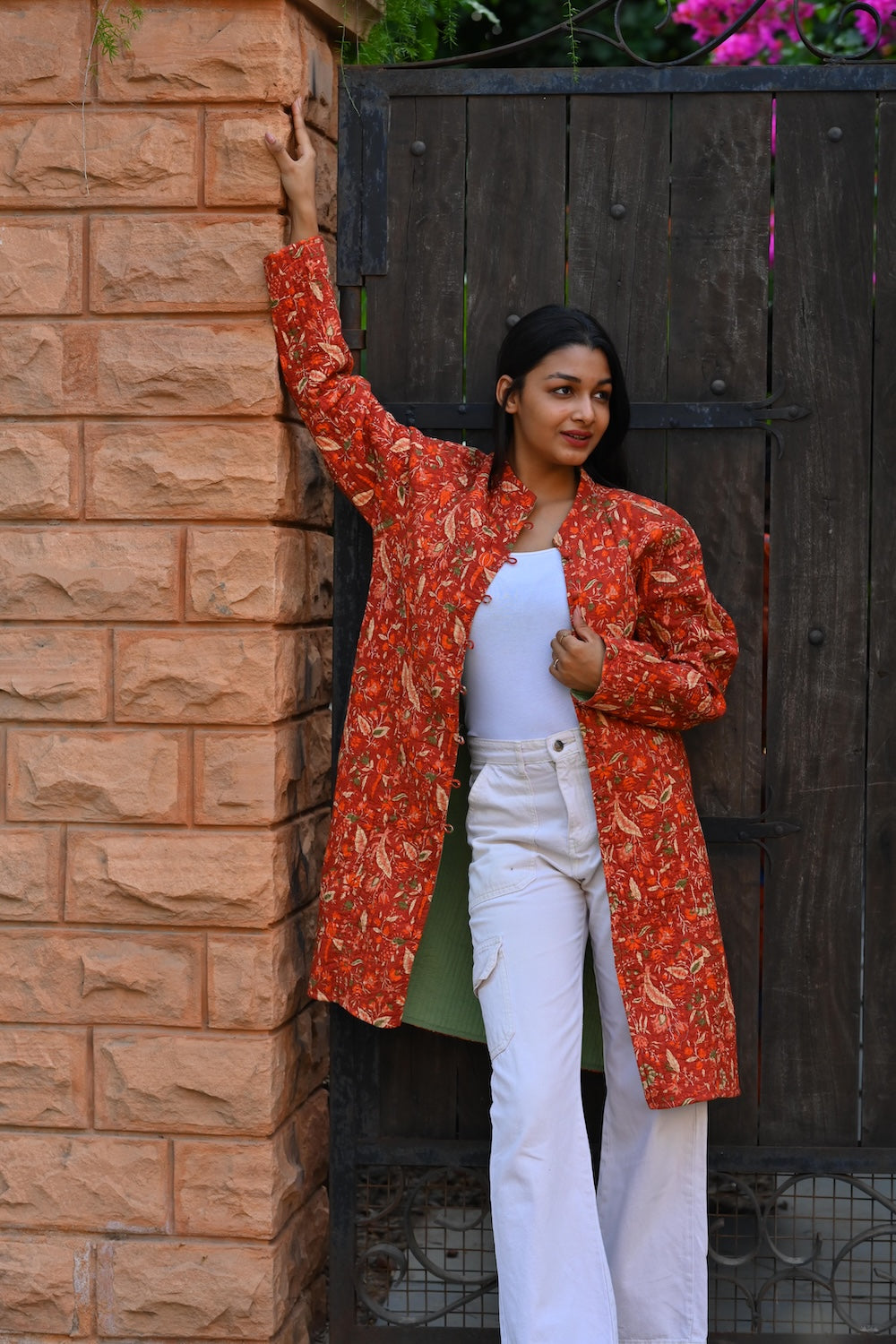Ekaurr BIGDI Scarlet Garden Coat Long cotton quilted reversible long coat with a botanical garden motif in rich scarlet and green tones, artisan slow fashion statement outerwear for women from the BIGDI Blazers Coats and Robes collection