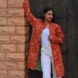 Ekaurr BIGDI Scarlet Garden Coat Long cotton quilted reversible long coat with a botanical garden motif in rich scarlet and green tones, artisan slow fashion statement outerwear for women from the BIGDI Blazers Coats and Robes collection