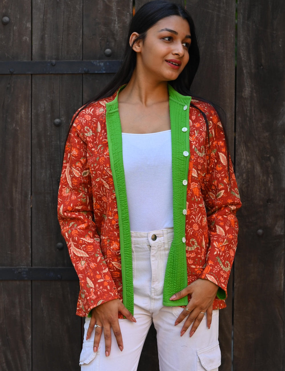 Ekaurr BIGDI Scarlet Garden Jacket handcrafted cotton jacket with a botanical garden motif in rich scarlet and complementary garden tones, artisan slow fashion outerwear for women from the BIGDI collection