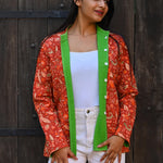 Ekaurr BIGDI Scarlet Garden Jacket handcrafted cotton jacket with a botanical garden motif in rich scarlet and complementary garden tones, artisan slow fashion outerwear for women from the BIGDI collection