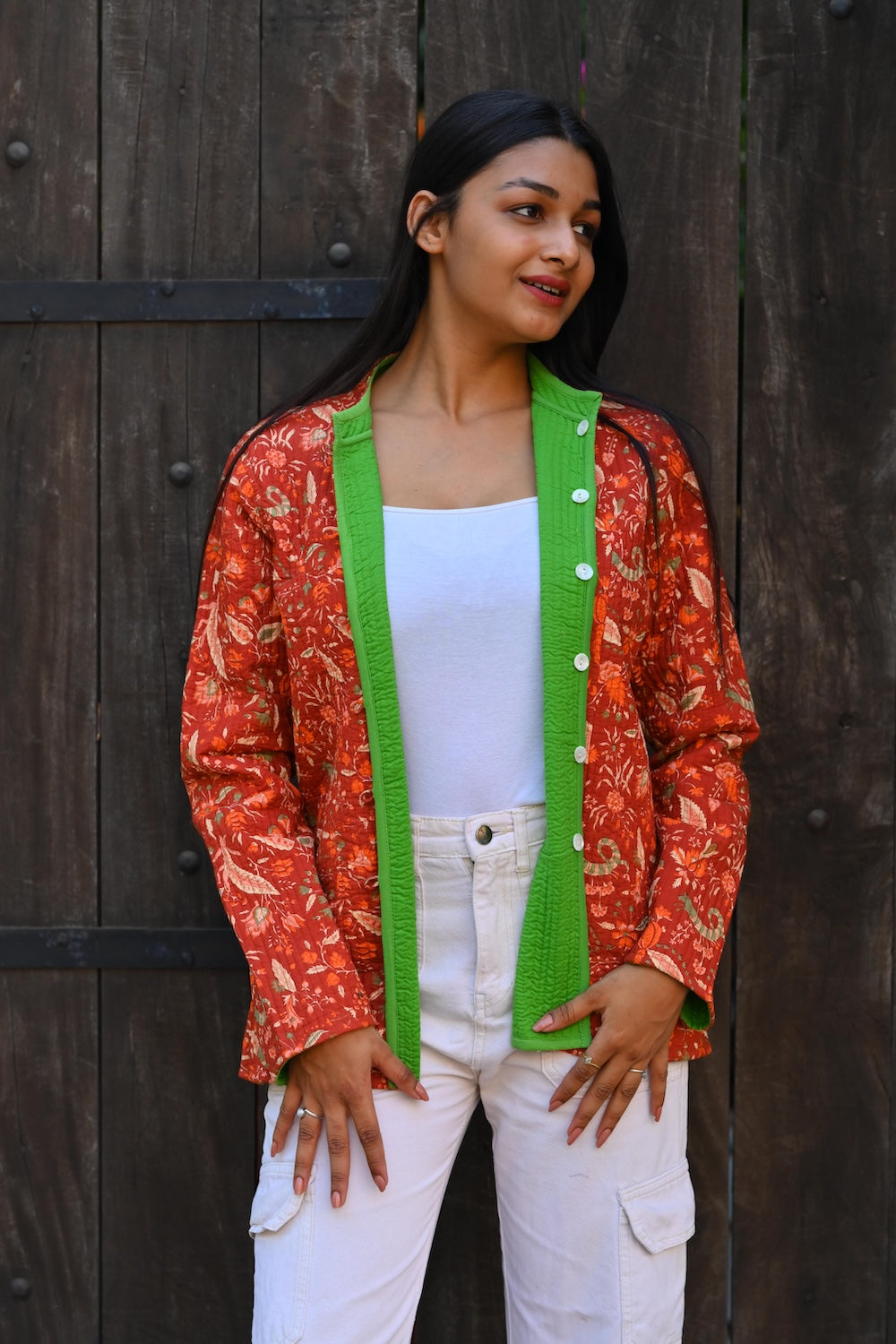Ekaurr BIGDI Scarlet Garden Jacket handcrafted cotton jacket with a botanical garden motif in rich scarlet and complementary garden tones, artisan slow fashion outerwear for women from the BIGDI collection