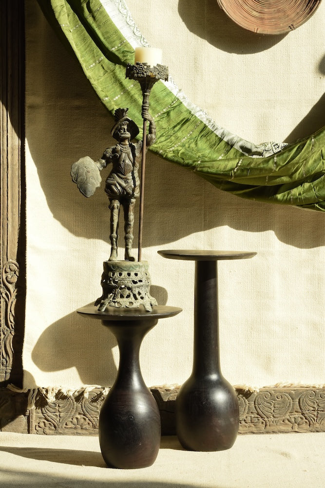 Ekaurr Sculpted Duo Wooden Accent Tables set of 2 with hand-turned silhouettes, dark finish and circular tops in two varying heights