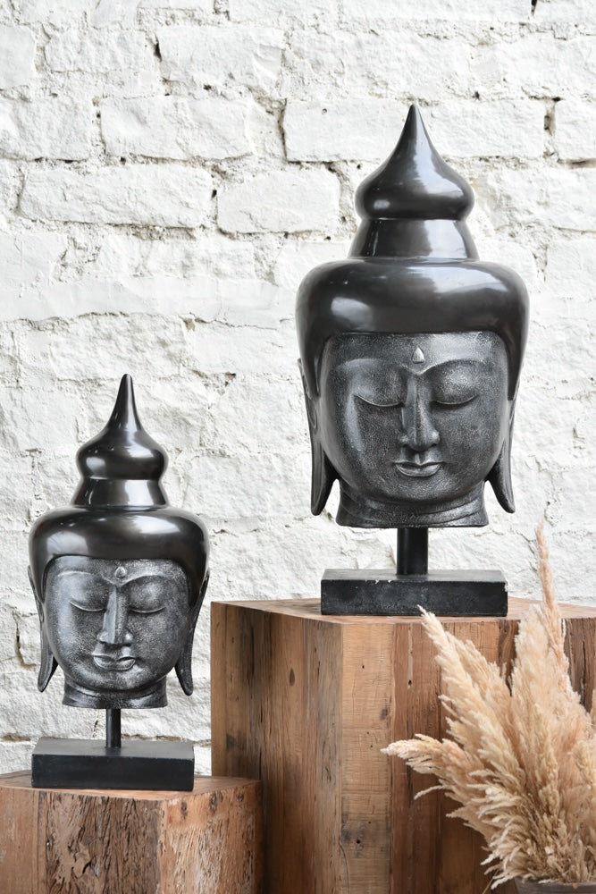 Ekaurr Serene Presence Buddha Head Sculpture in smooth stone finish with calm meditative expression, available in Small and Medium sizes for shelves altars and meditation corners