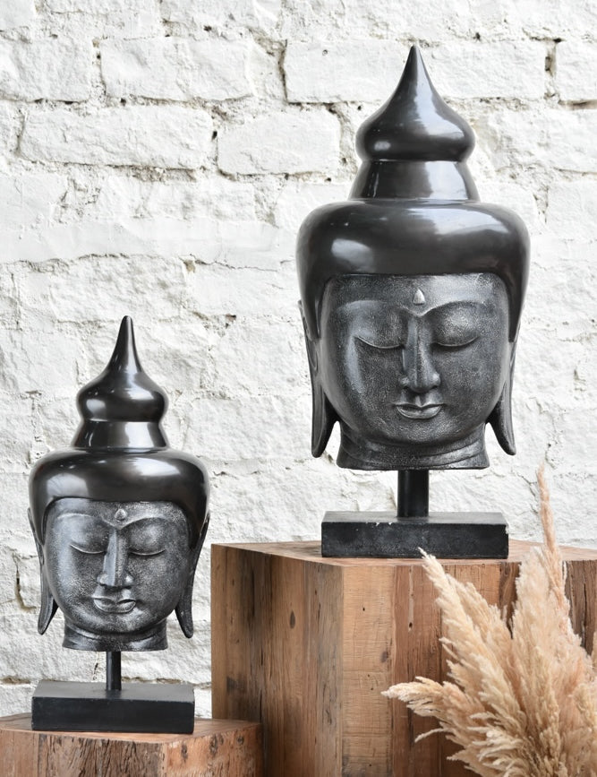 Ekaurr Serene Presence Buddha Head Sculpture in smooth stone finish with calm meditative expression, available in Small and Medium sizes for shelves altars and meditation corners