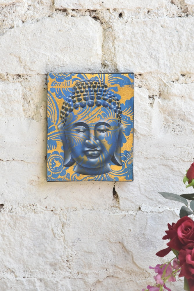 Ekaurr Serenity in Gold Buddha Wall Art original painting or mixed-media artwork of a serene Buddha figure in gold and warm tones, handcrafted spiritual wall art for meditation corners living rooms and sacred home spaces