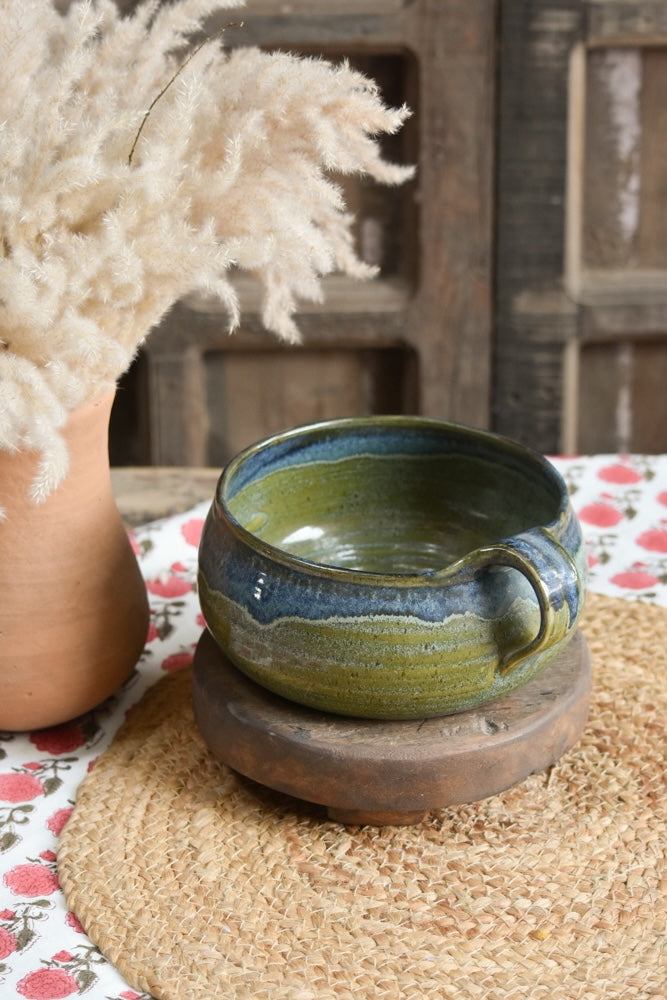 Ekaurr Serving Bowl with Handle handmade ceramic serving bowl with a single side handle in organic hand-glazed finish, artisan kitchen essential for easy dining service and casual table styling
