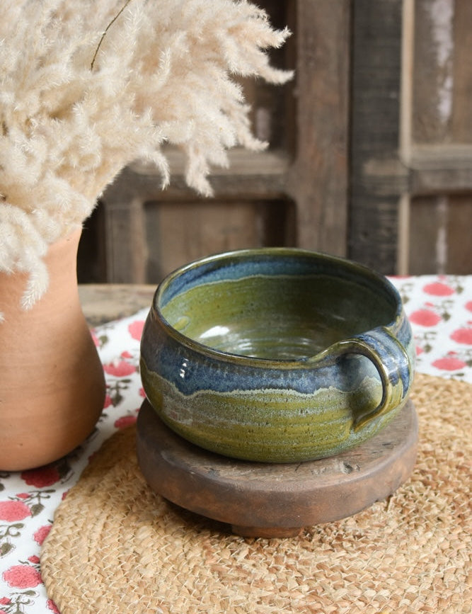 Ekaurr Serving Bowl with Handle handmade ceramic serving bowl with a single side handle in organic hand-glazed finish, artisan kitchen essential for easy dining service and casual table styling