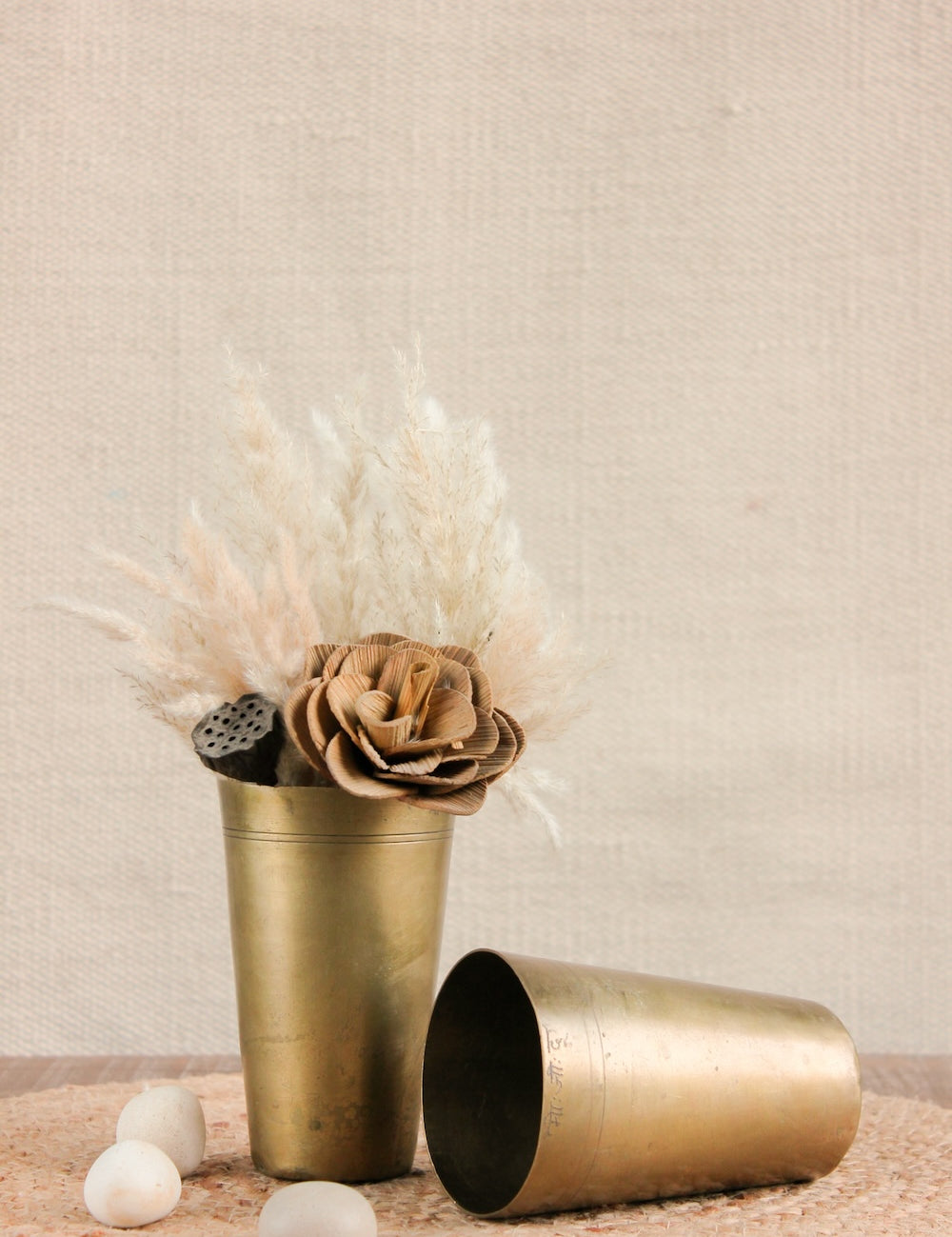 Ekaurr Set of 2 Vintage Brass Glass upcycled as decorative planters, traditional carved brass drinking glasses with aged patina repurposed for dried florals or small plants