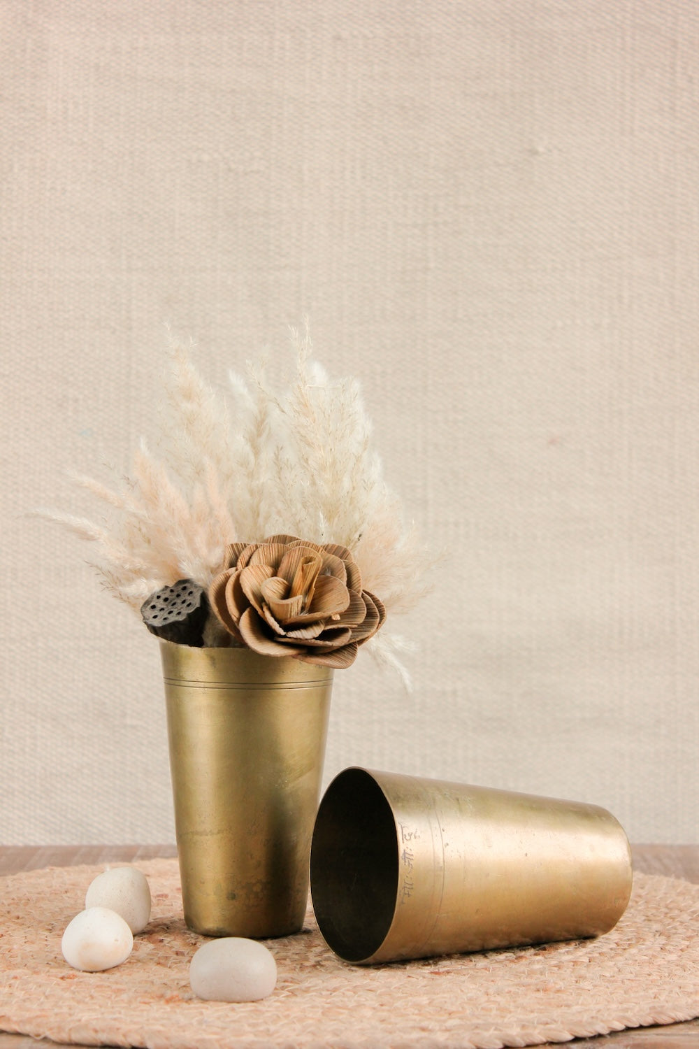 Ekaurr Set of 2 Vintage Brass Glass upcycled as decorative planters, traditional carved brass drinking glasses with aged patina repurposed for dried florals or small plants