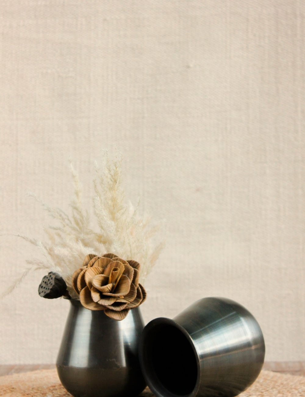 Ekaurr Set of 2 Brass Lota in Dark Finish, vintage traditional Indian brass water vessels with darkened aged patina, upcycled as artisan planters or heritage decorative accents