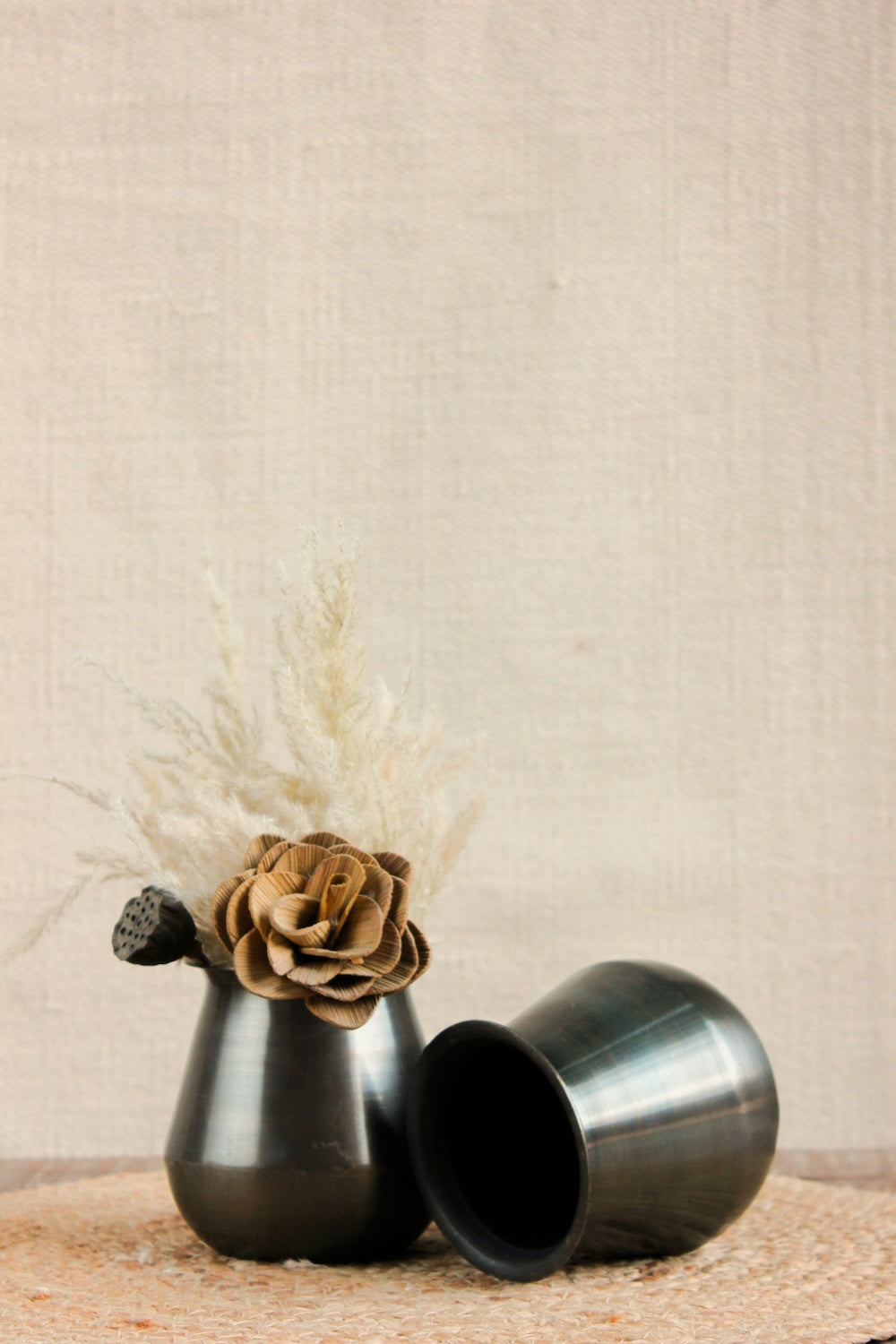 Ekaurr Set of 2 Brass Lota in Dark Finish, vintage traditional Indian brass water vessels with darkened aged patina, upcycled as artisan planters or heritage decorative accents