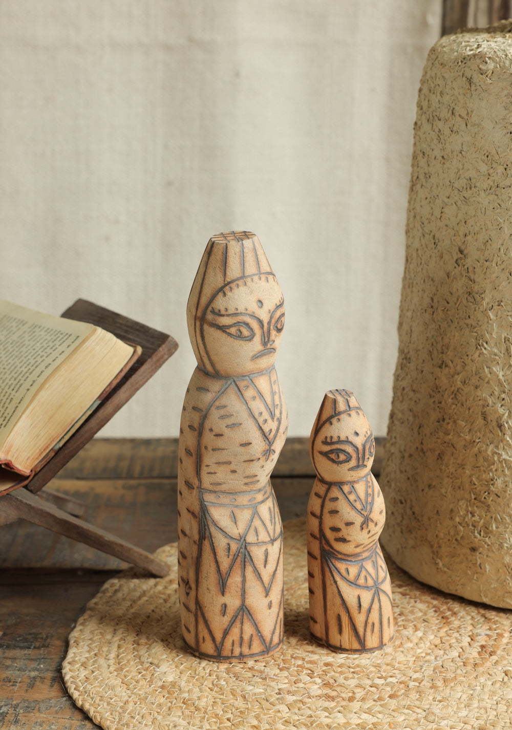 Ekaurr Set of 2 Burnt Wood Dolls handcrafted mother and daughter pair from reclaimed wood using hot needle etching technique, rustic artisan figurines for living room corners and home decor