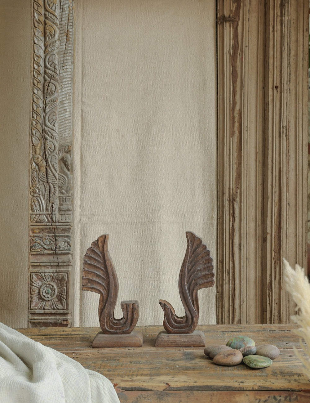 Ekaurr Set of 2 Hand Carved Wooden Decor pair of reclaimed wood sculptural forms with hand-carved surface detailing, artisan abstract home decor accent for shelves and consoles