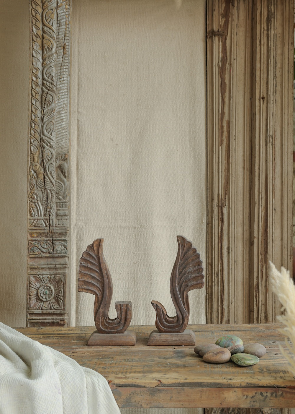 Ekaurr Set of 2 Hand Carved Wooden Decor pair of reclaimed wood sculptural forms with hand-carved surface detailing, artisan abstract home decor accent for shelves and consoles