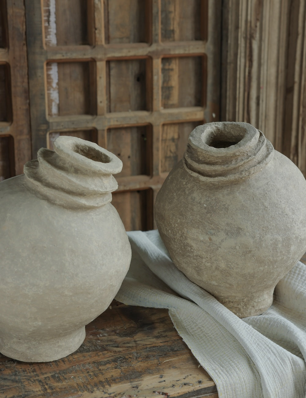 Ekaurr Set of 2 Paper Mache Dancing Pots in Earthy Finish side angle view showing sculptural silhouette and organic texture handmade sustainable decor