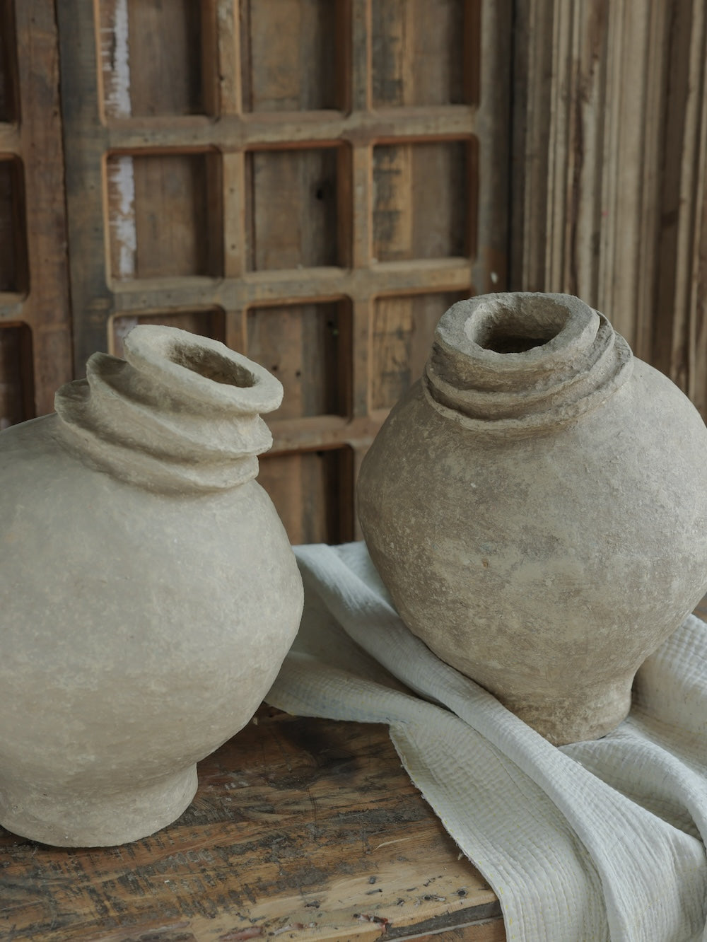 Ekaurr Set of 2 Paper Mache Dancing Pots in Earthy Finish side angle view showing sculptural silhouette and organic texture handmade sustainable decor