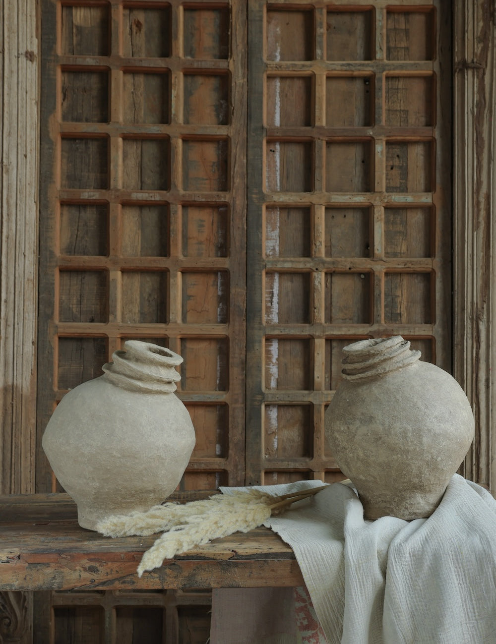 Ekaurr Set of 2 Paper Mache Dancing Pots in Earthy Finish handmade by rural Rajasthan women artisans organic sculptural form sustainable Indian craft decor