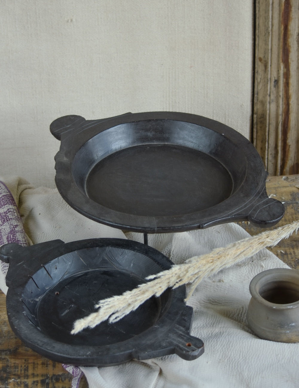 Ekaurr Set of 2 Paraat in Black Finish handcrafted wooden paraat shallow bowls in deep matte black finish, artisan rustic serving or decorative bowls for home styling and Rajasthani-inspired decor