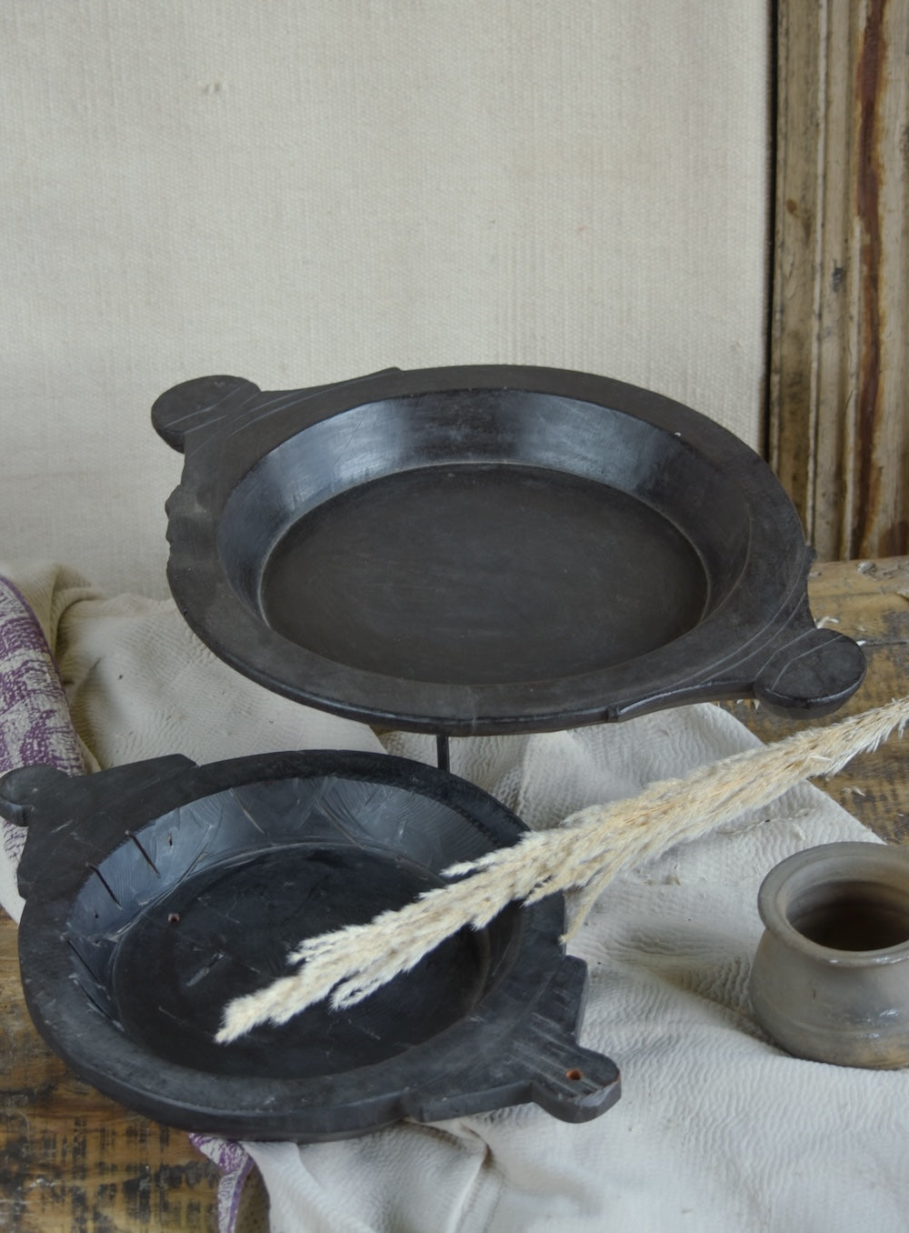 Ekaurr Set of 2 Paraat in Black Finish handcrafted wooden paraat shallow bowls in deep matte black finish, artisan rustic serving or decorative bowls for home styling and Rajasthani-inspired decor