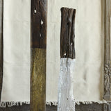 Ekaurr Set of 2 Reclaimed Wood Totem Sculptures on Iron Base – tall weathered wood totems with antique gold and silver metallic accents, sculptural home decor pair