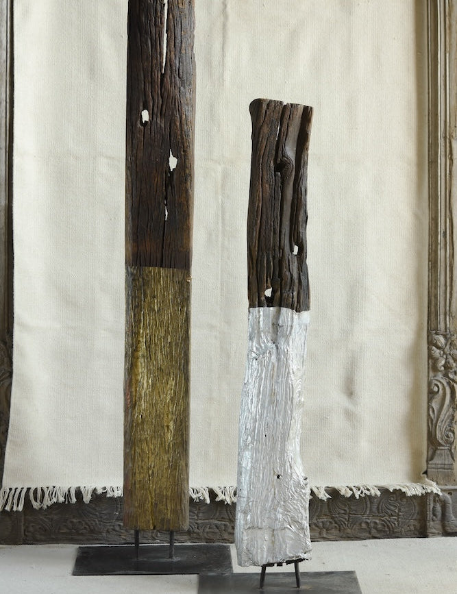 Ekaurr Set of 2 Reclaimed Wood Totem Sculptures on Iron Base – tall weathered wood totems with antique gold and silver metallic accents, sculptural home decor pair
