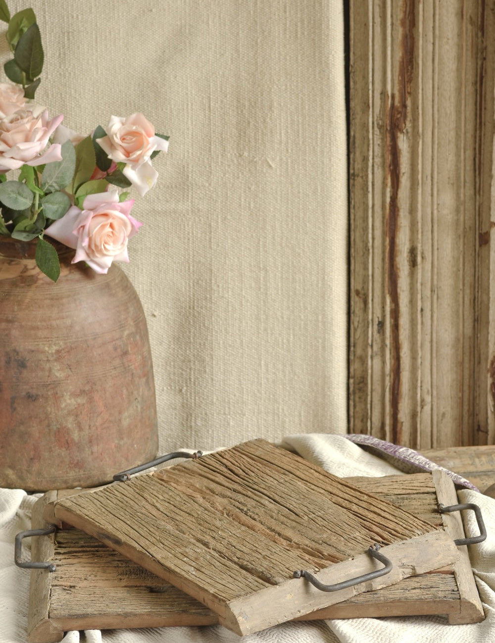 Ekaurr Set of 2 Rustic Wood Tray handcrafted from reclaimed wood in nesting rectangular forms, rustic artisan serving and decorative trays with natural grain finish