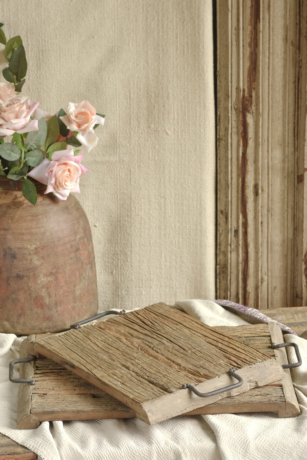 Ekaurr Set of 2 Rustic Wood Tray handcrafted from reclaimed wood in nesting rectangular forms, rustic artisan serving and decorative trays with natural grain finish