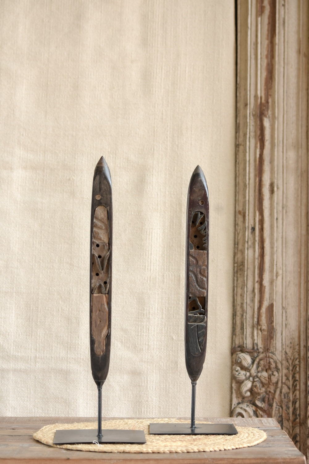 Ekaurr Set of 2 Textile Shuttle with Print Block on Stand vintage weaving shuttles and wooden print block mounted on iron stands, artisan craft heritage collectible display for home decor