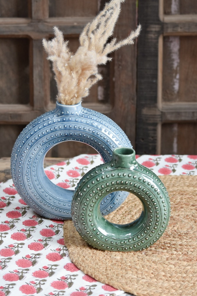 Ekaurr Set of 2 Ceramic Vases in Blue and Green hand-glazed by charity artist Liora in India, handmade paired vases in contrasting blue and green glaze with all revenue donated to charity