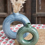 Ekaurr Set of 2 Ceramic Vases in Blue and Green hand-glazed by charity artist Liora in India, handmade paired vases in contrasting blue and green glaze with all revenue donated to charity