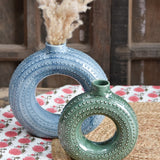 Ekaurr Set of 2 Ceramic Vases in Blue and Green hand-glazed by charity artist Liora in India, handmade paired vases in contrasting blue and green glaze with all revenue donated to charity