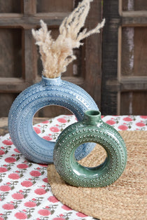 Ekaurr Set of 2 Ceramic Vases in Blue and Green hand-glazed by charity artist Liora in India, handmade paired vases in contrasting blue and green glaze with all revenue donated to charity