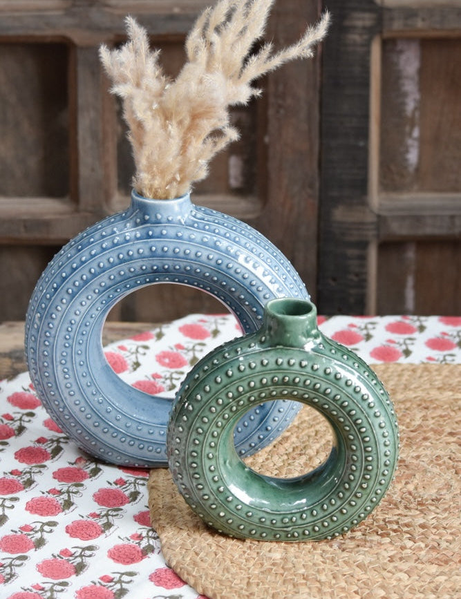 Ekaurr Set of 2 Ceramic Vases in Blue and Green hand-glazed by charity artist Liora in India, handmade paired vases in contrasting blue and green glaze with all revenue donated to charity