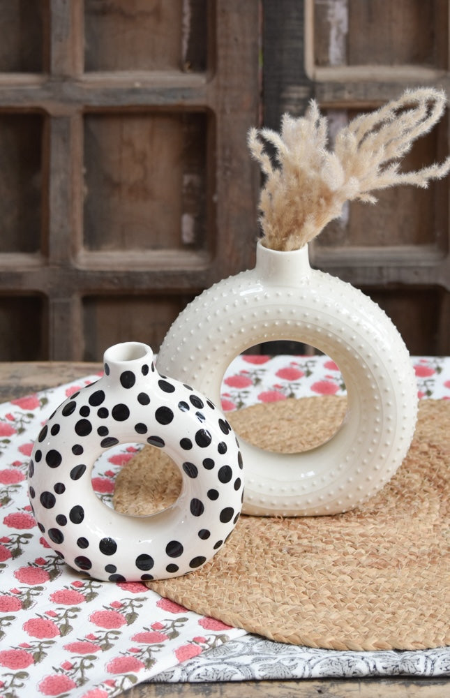 Ekaurr Set of 2 Ceramic Vases in White and Polka Dots hand-glazed by charity artist Liora in India, playful white vases with dot detailing made to support charitable causes