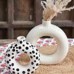Ekaurr Set of 2 Ceramic Vases in White and Polka Dots hand-glazed by charity artist Liora in India, playful white vases with dot detailing made to support charitable causes