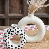 Ekaurr Set of 2 Ceramic Vases in White and Polka Dots hand-glazed by charity artist Liora in India, playful white vases with dot detailing made to support charitable causes