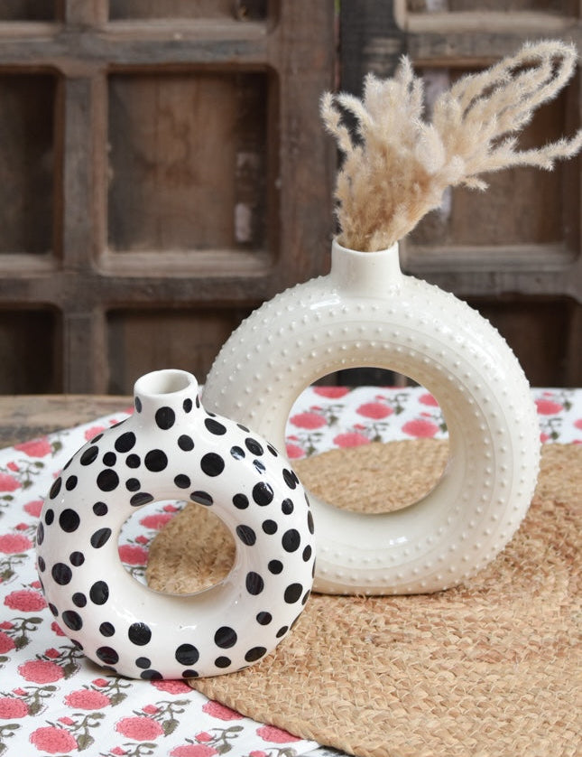 Ekaurr Set of 2 Ceramic Vases in White and Polka Dots hand-glazed by charity artist Liora in India, playful white vases with dot detailing made to support charitable causes