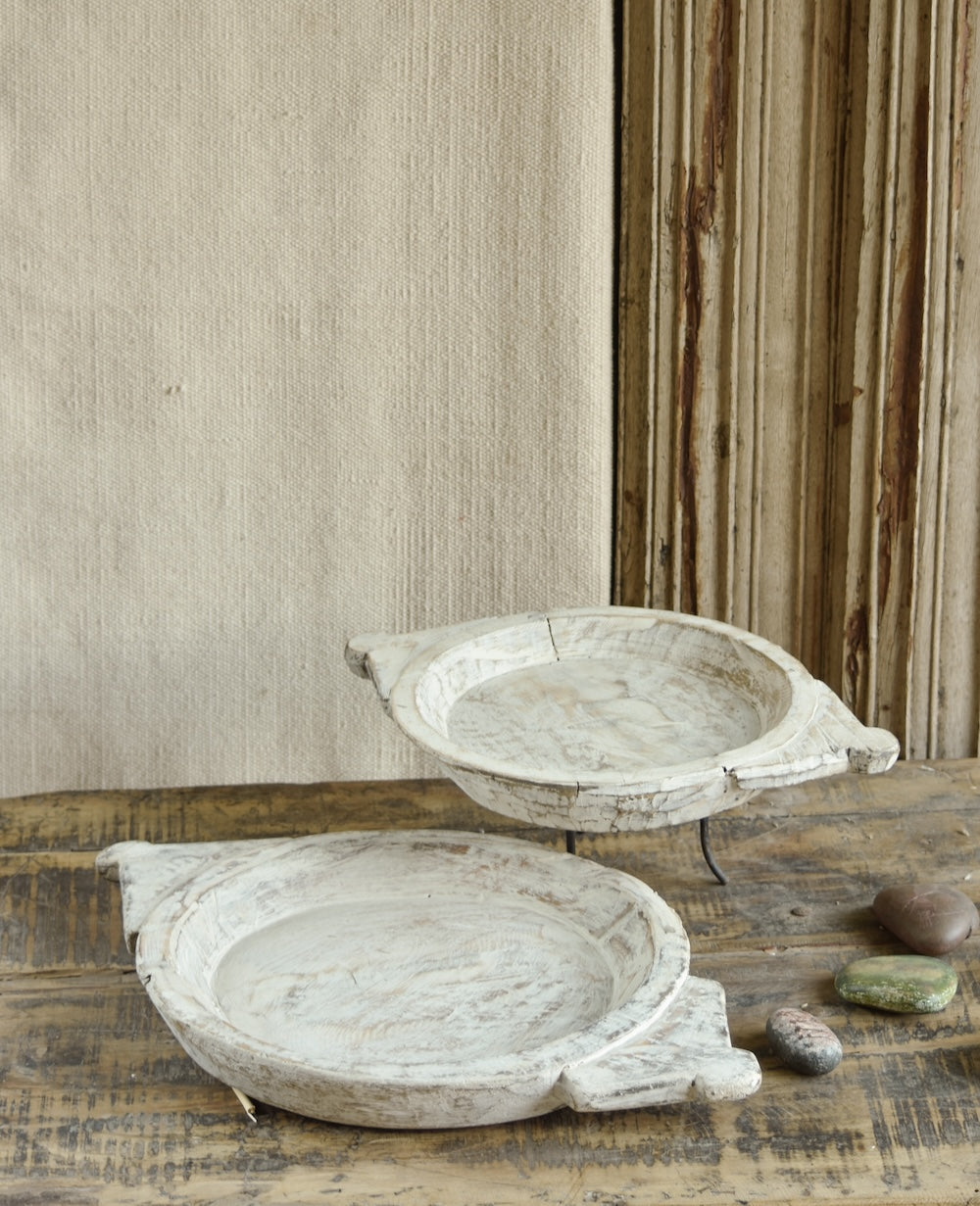 Ekaurr Set of 2 Whitewashed Wooden Paraat handcrafted shallow wooden paraat bowls in soft whitewashed finish, artisan rustic serving or display bowls for home styling and gifting