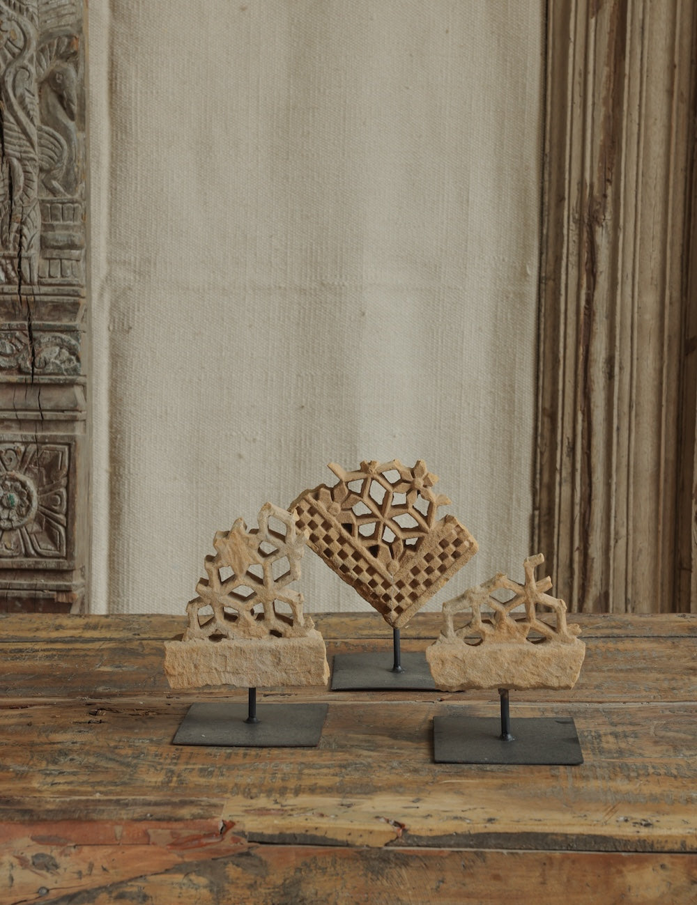Ekaurr Set of 3 Abstract Stone Jali on Iron Stand carved natural stone lattice jali fragments in abstract forms mounted on iron display stands, artisan heritage collectible decor for shelves and consoles