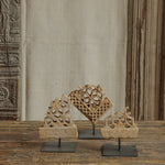 Ekaurr Set of 3 Abstract Stone Jali on Iron Stand carved natural stone lattice jali fragments in abstract forms mounted on iron display stands, artisan heritage collectible decor for shelves and consoles