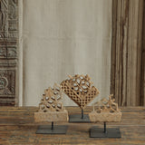 Ekaurr Set of 3 Abstract Stone Jali on Iron Stand carved natural stone lattice jali fragments in abstract forms mounted on iron display stands, artisan heritage collectible decor for shelves and consoles