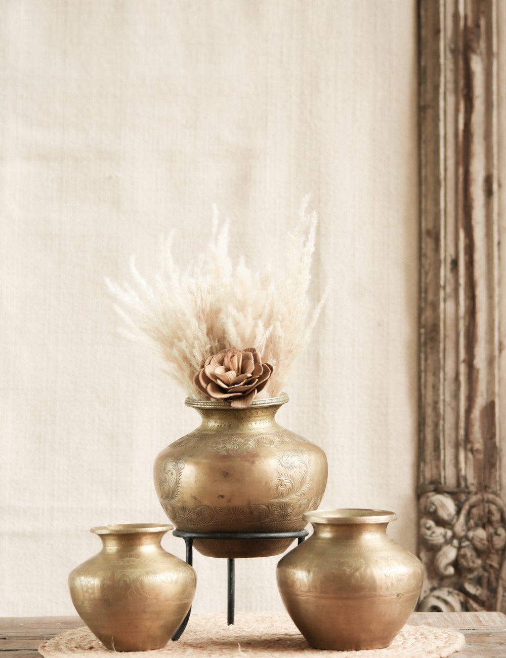Ekaurr Set of 3 Brass Lota with Carving, hand-carved traditional Indian brass water vessels in three sizes with intricate surface motifs, upcycled as artisan planters or decorative display