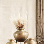Ekaurr Set of 3 Brass Lota with Carving, hand-carved traditional Indian brass water vessels in three sizes with intricate surface motifs, upcycled as artisan planters or decorative display