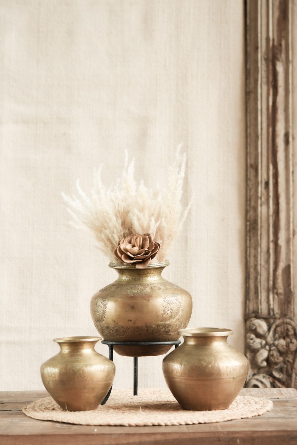 Ekaurr Set of 3 Brass Lota with Carving, hand-carved traditional Indian brass water vessels in three sizes with intricate surface motifs, upcycled as artisan planters or decorative display