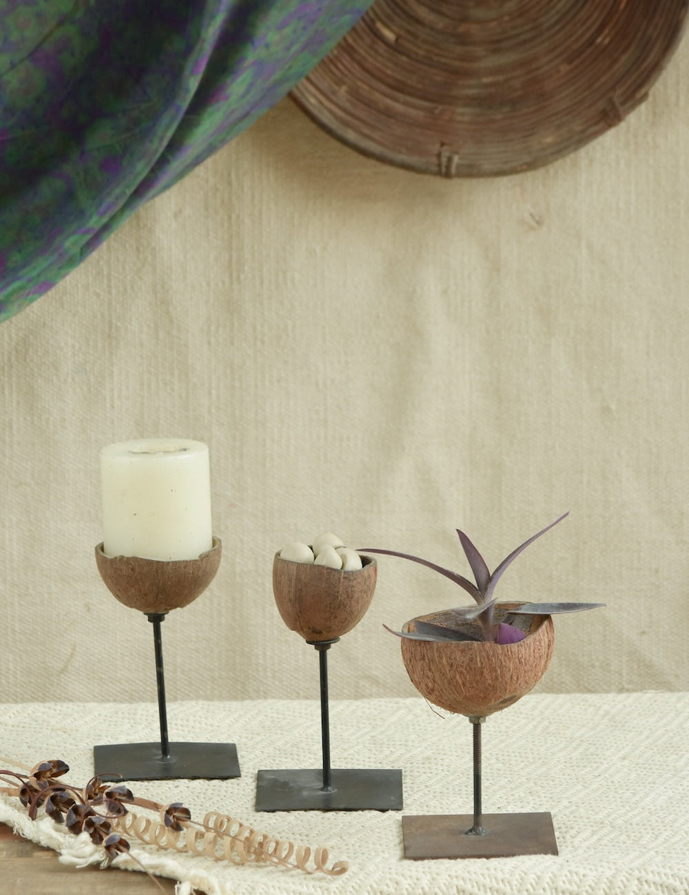 Ekaurr Set of 3 Multi-Purpose Coconut Shells on wooden stands, eco-friendly handcrafted decor usable as candle holders, planters or accent pieces