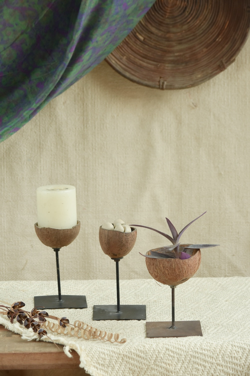 Ekaurr Set of 3 Multi-Purpose Coconut Shells on wooden stands, eco-friendly handcrafted decor usable as candle holders, planters or accent pieces