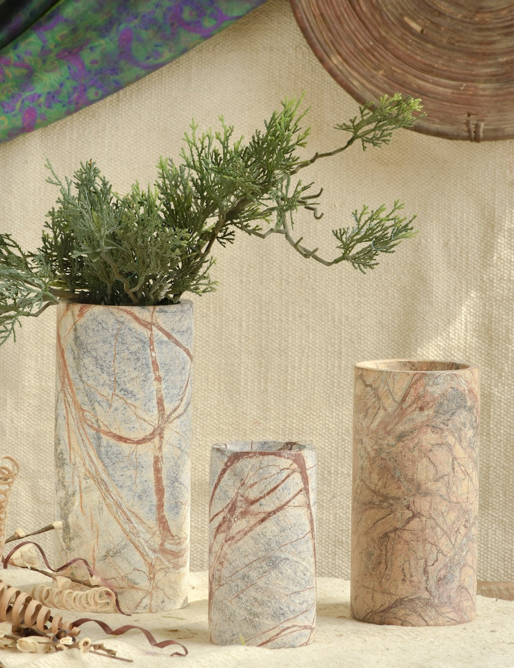 Ekaurr Set of 3 Multi-Purpose Forest Stone Jars in rich brown natural stone with unique veining in small, medium and large sizes, versatile as planters, pen stands or home organizers